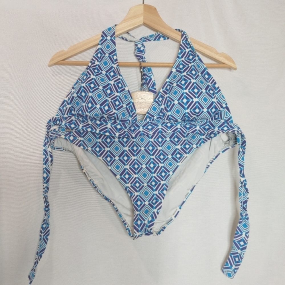 Gap Body Bikini Set Swimsuit Blue White Geometric Triangle Halter‎ Hipster XL